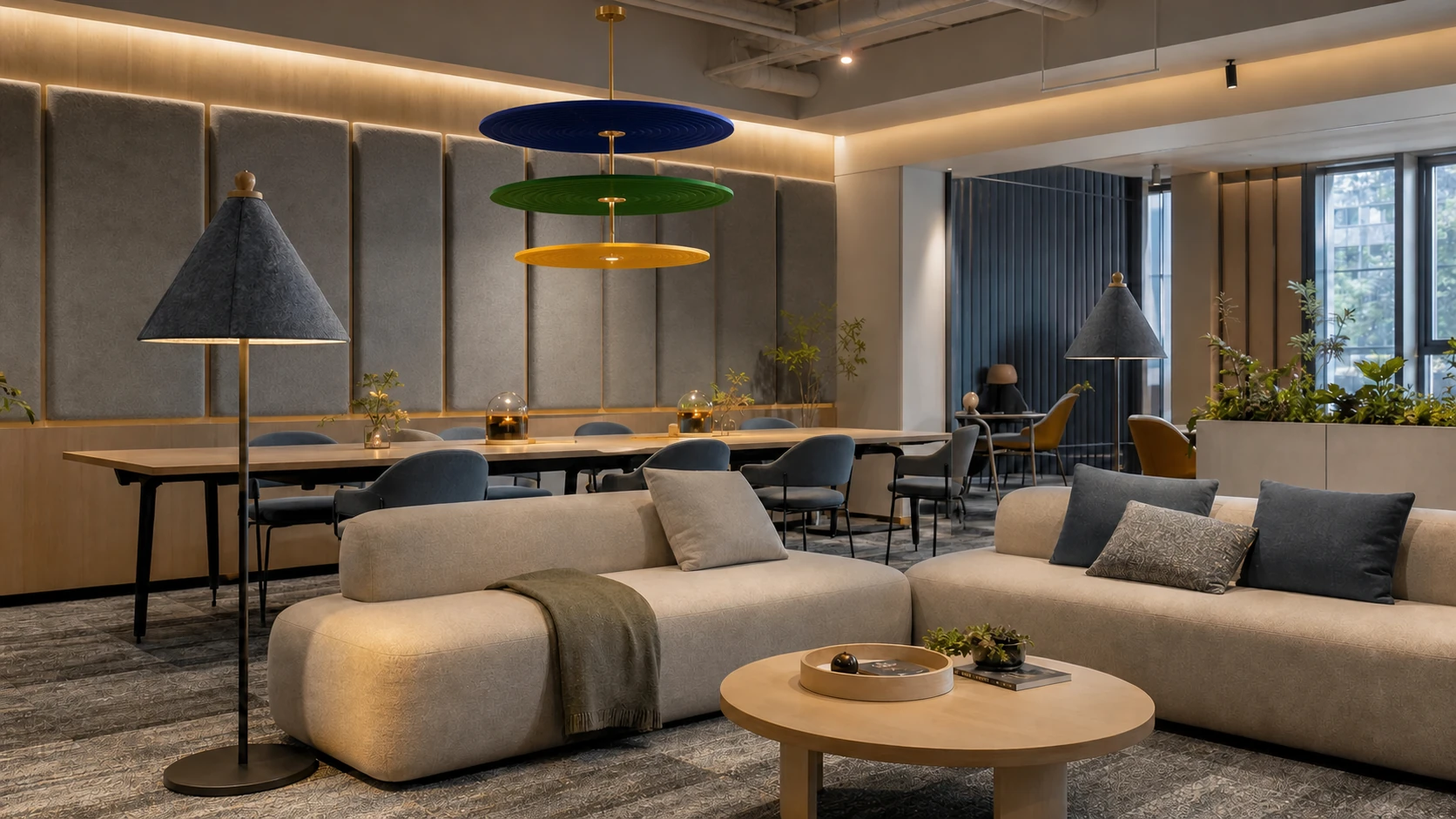 Commercial clubhouse lounge with KO-XYM-0198 acoustic floor lamps and KO-XYM-0121 disc felt pendants