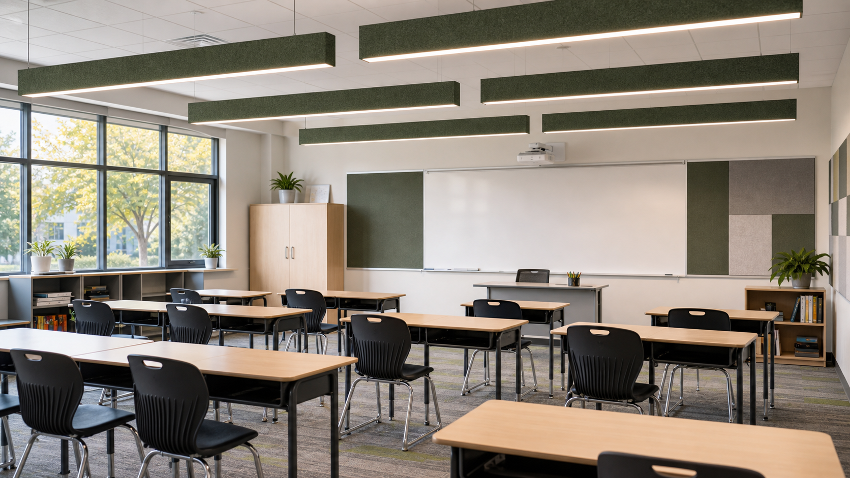 Classroom with KO-XYM-0164 PET Felt linear acoustic baffle lights above desks