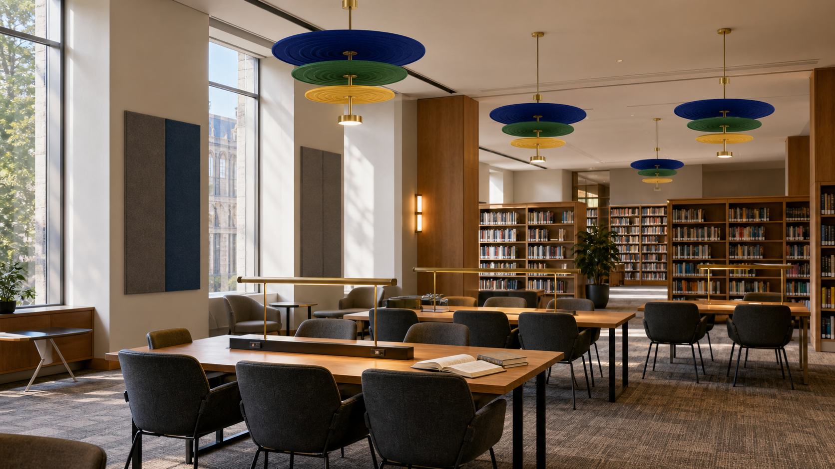 Campus library with KO-XYM-0121 layered acoustic disc pendant lights over study tables