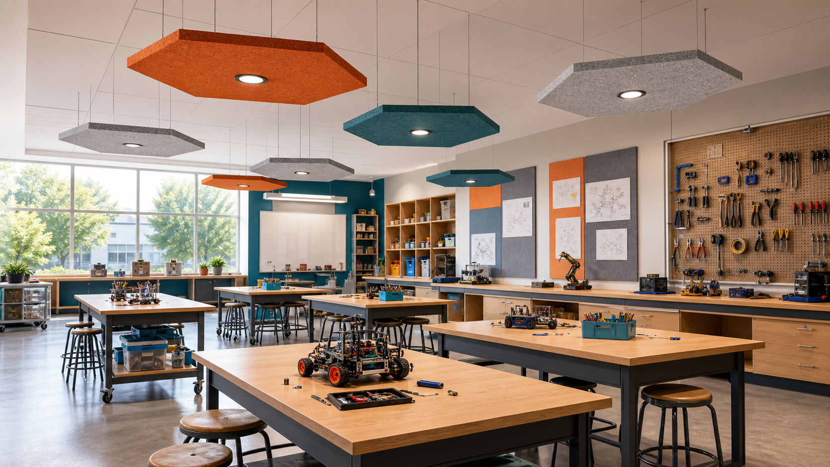 STEAM maker classroom with KO-XYM-0146 hexagonal acoustic pendant panels