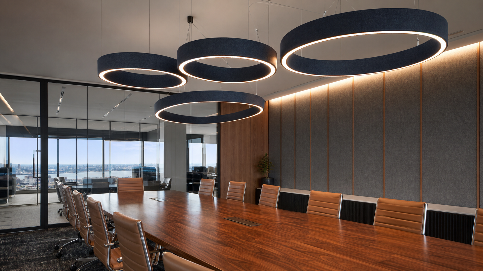 Executive boardroom with blue grey PET Felt acoustic ring pendant lights