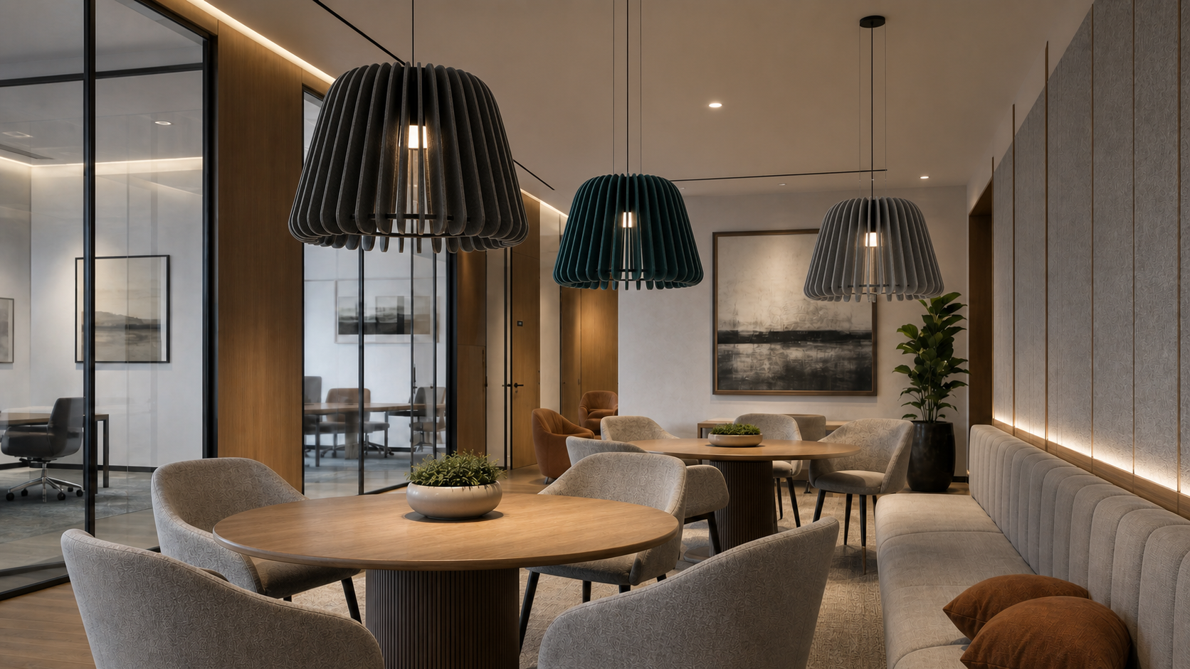 Law firm client lounge with KO-XYM-0134 ribbed PET Felt acoustic pendant lighting