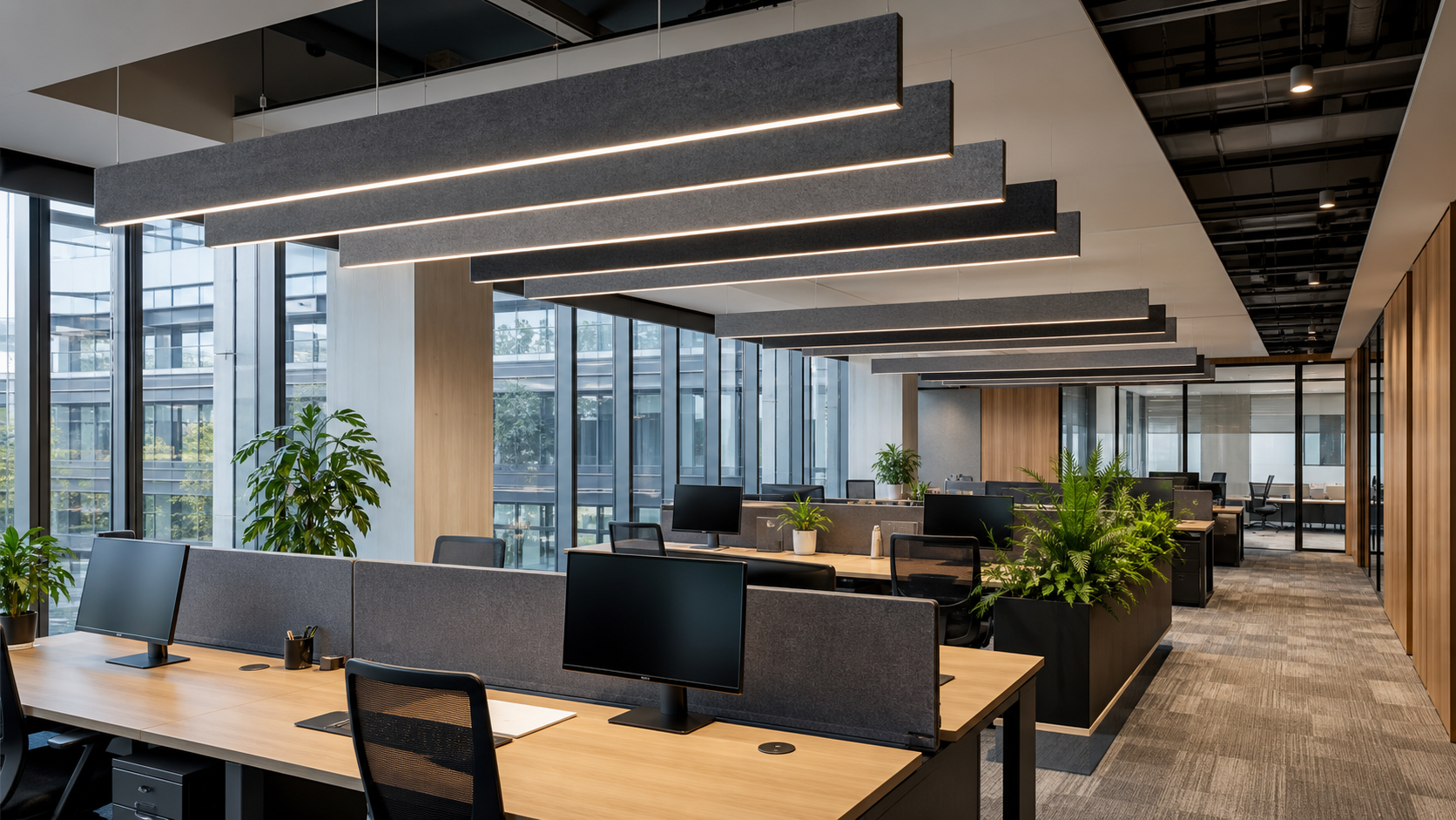 Open-plan office project with charcoal PET Felt acoustic linear lighting