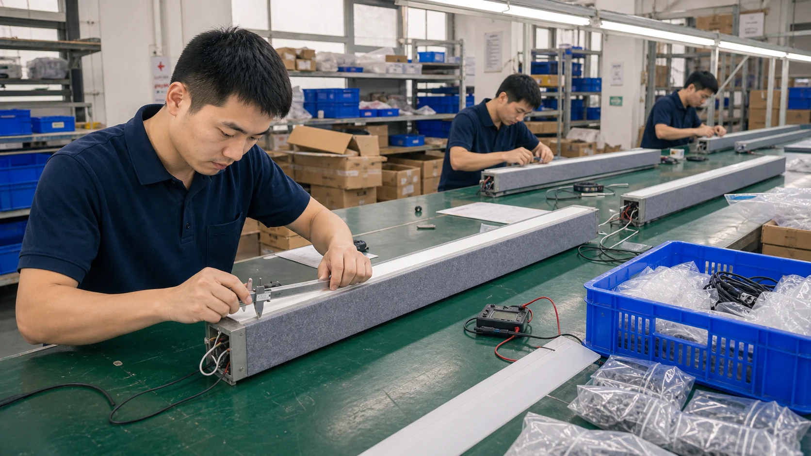 Technician checking the dimensions and construction of PET felt acoustic linear lights during production