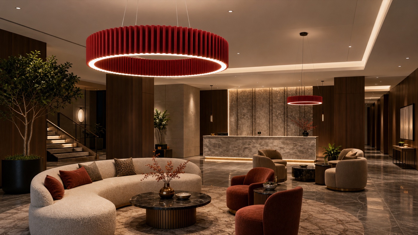 Large acoustic lighting feature in a hotel lobby interior