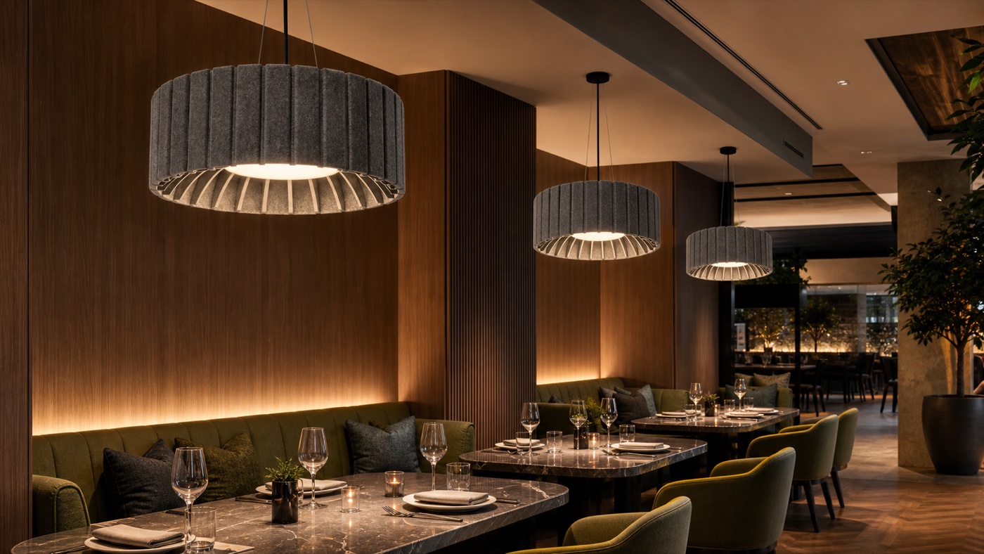 Restaurant acoustic lighting with PET felt fixtures over dining zones