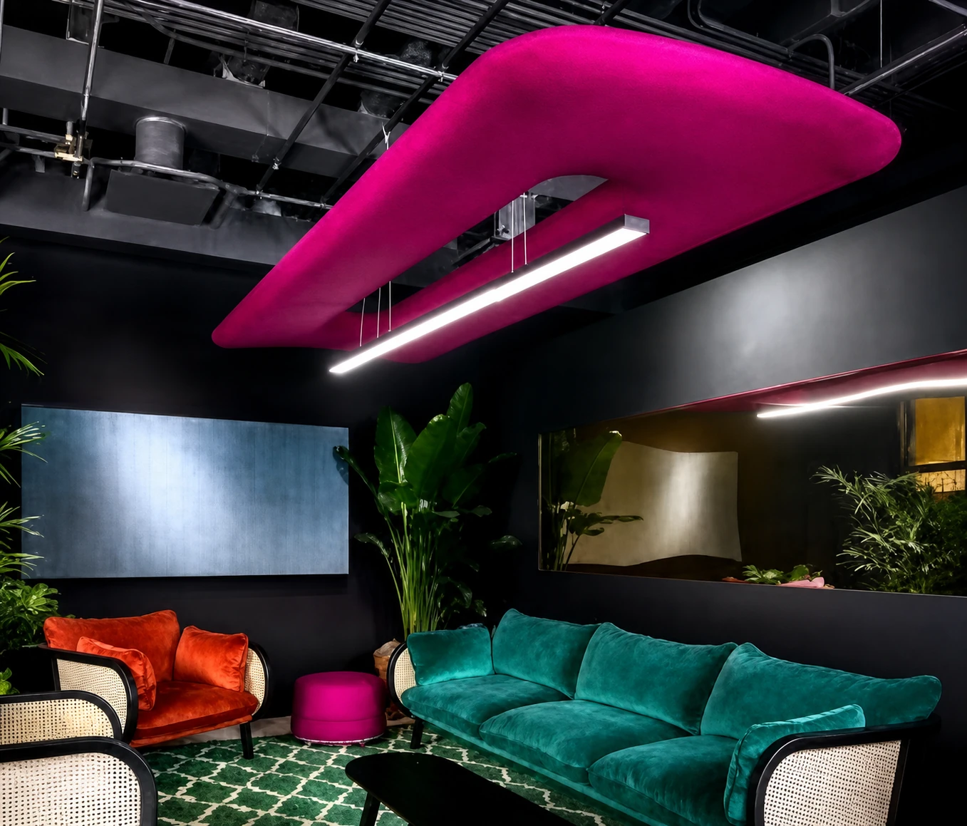 LED acoustic pendant lights illuminating a commercial lounge