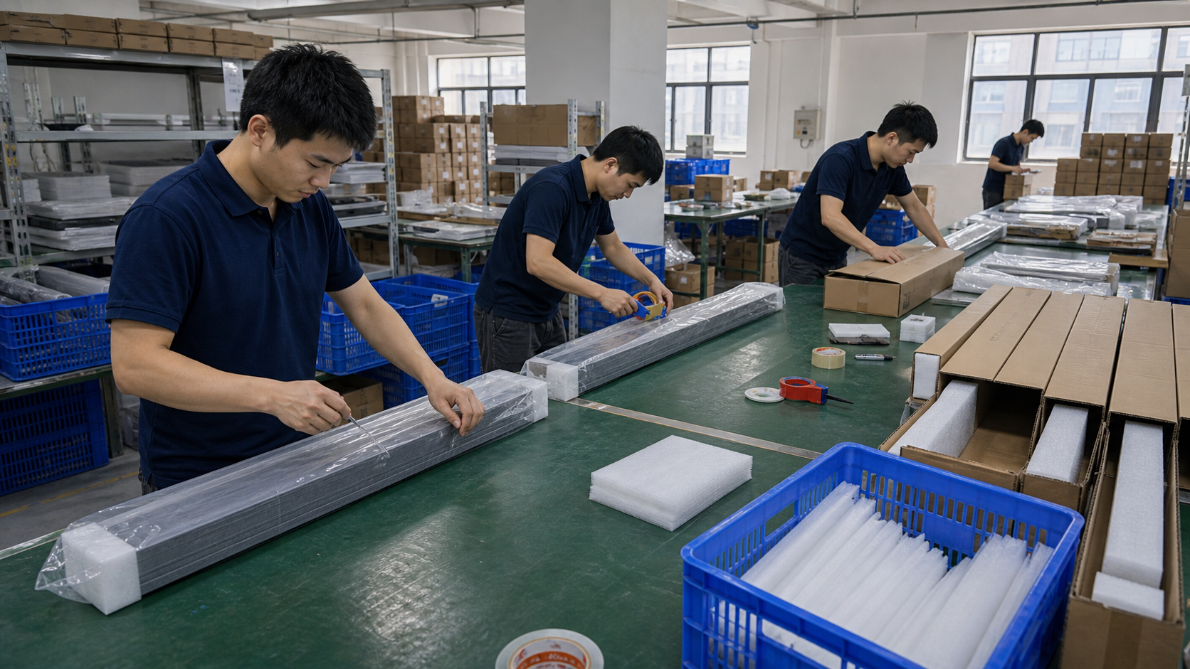 Acoustic linear light packing line in the FLOSEEK factory