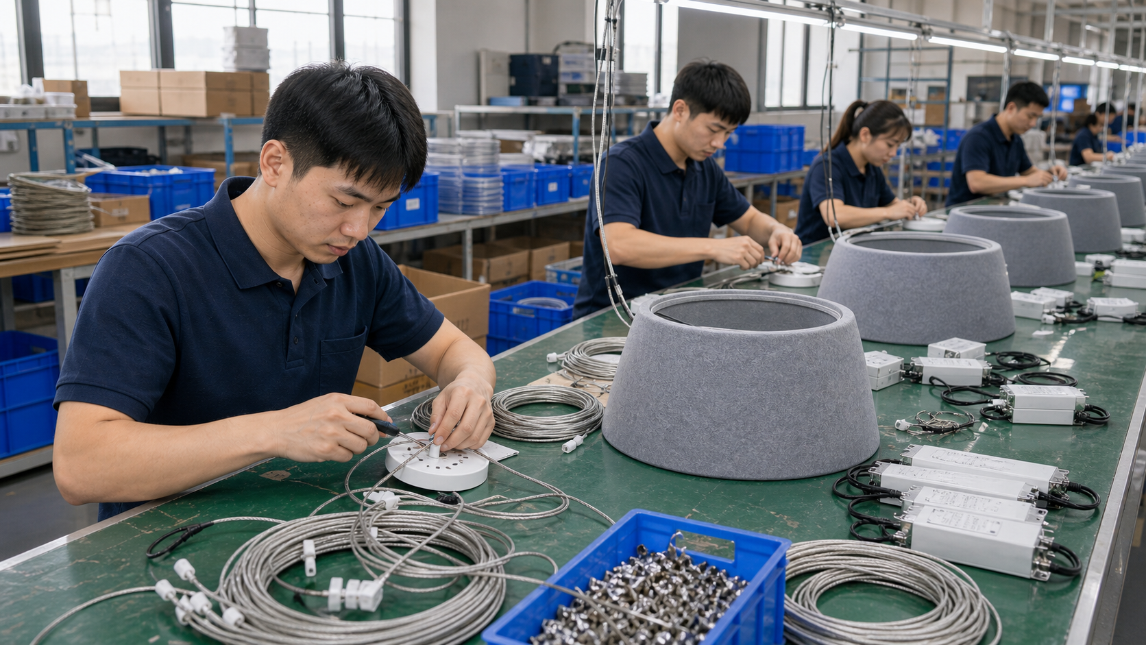 Acoustic pendant light wiring preparation in the FLOSEEK factory
