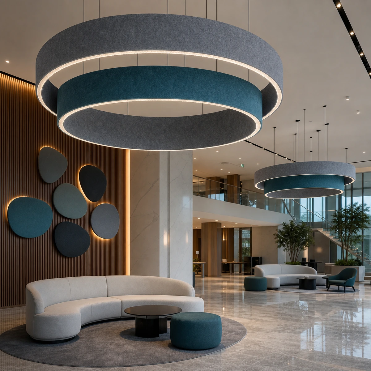 Commercial interior with large PET Felt Acoustic Pendant Lighting