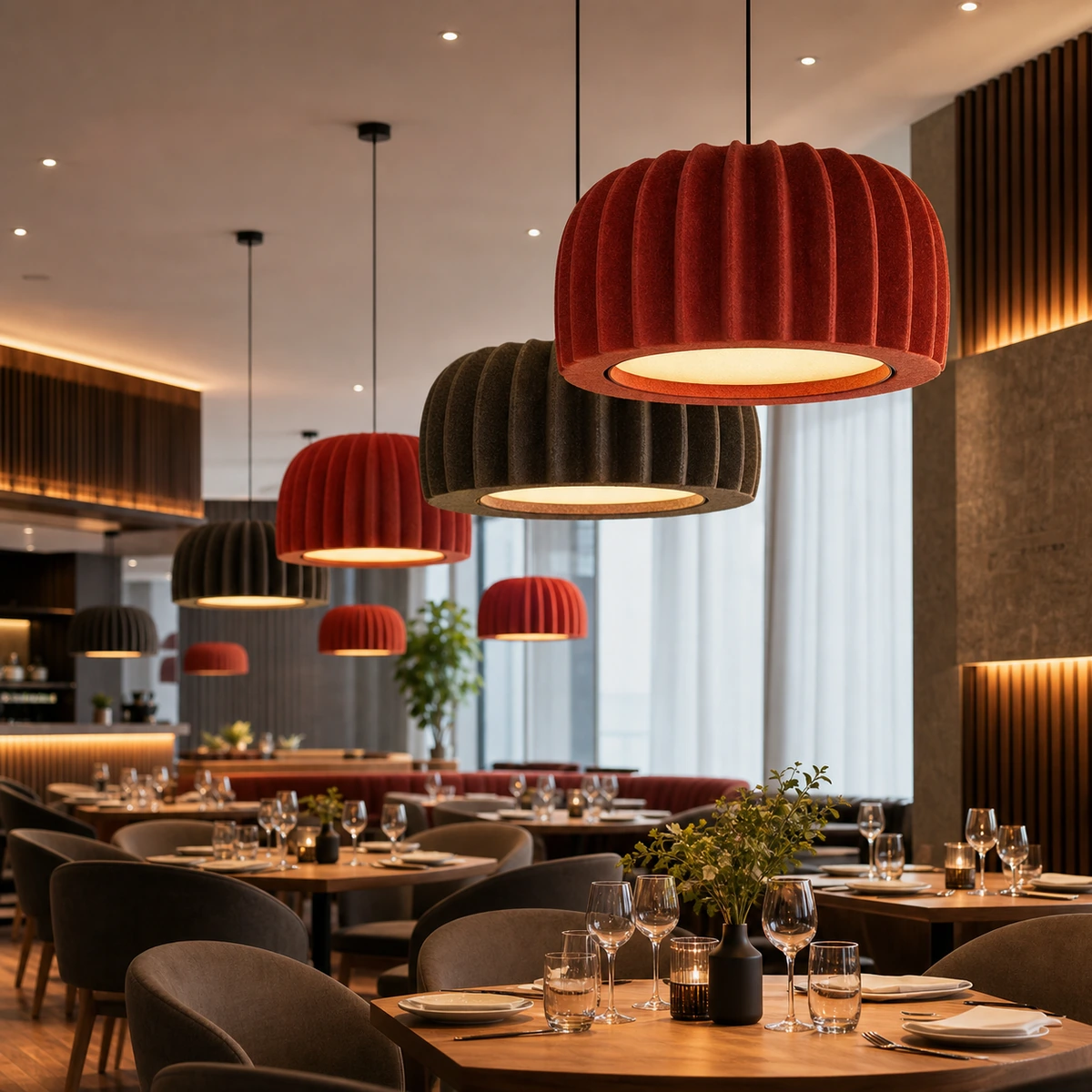 Restaurant and hospitality acoustic pendant lighting application