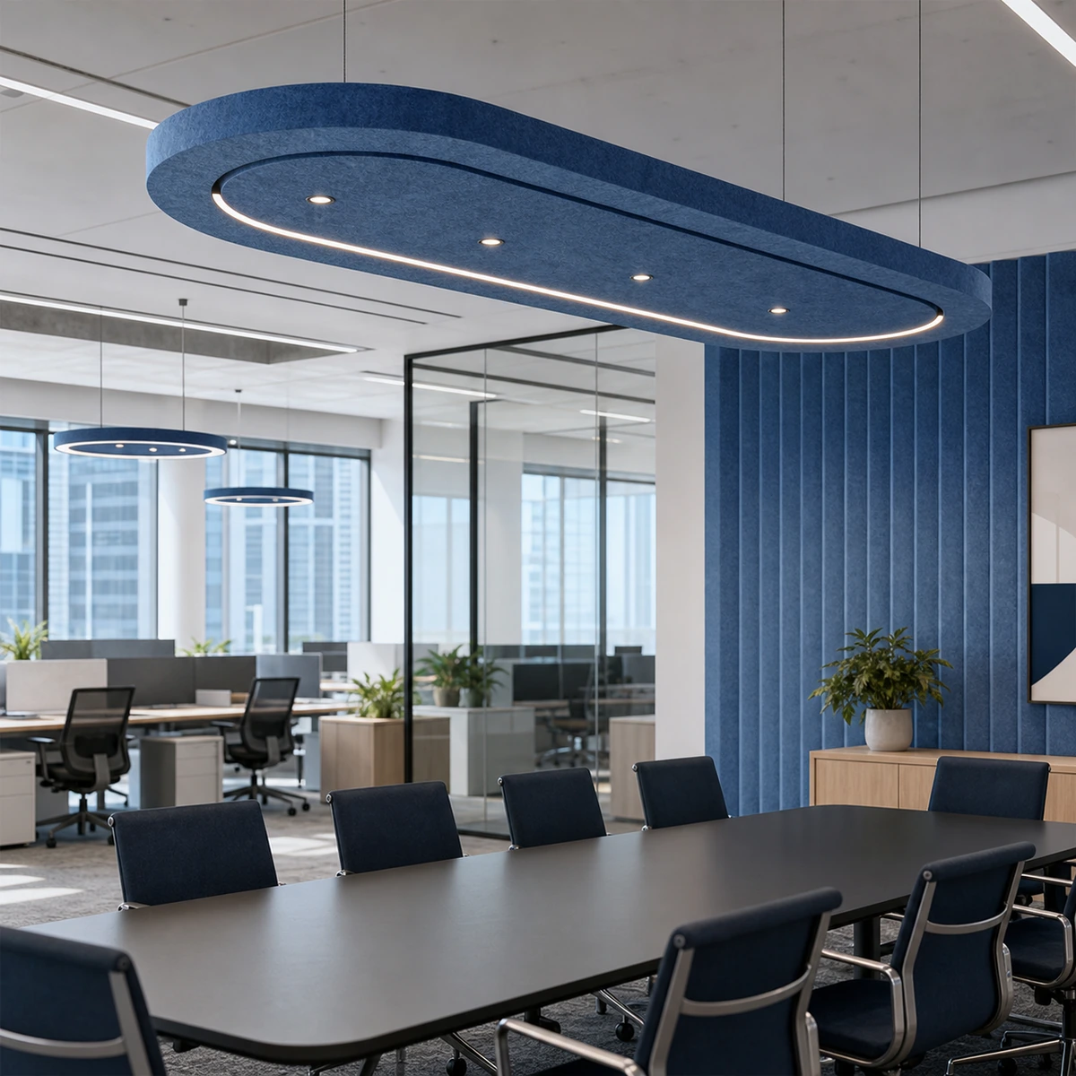 Office acoustic lighting with blue PET Felt pendant fixtures