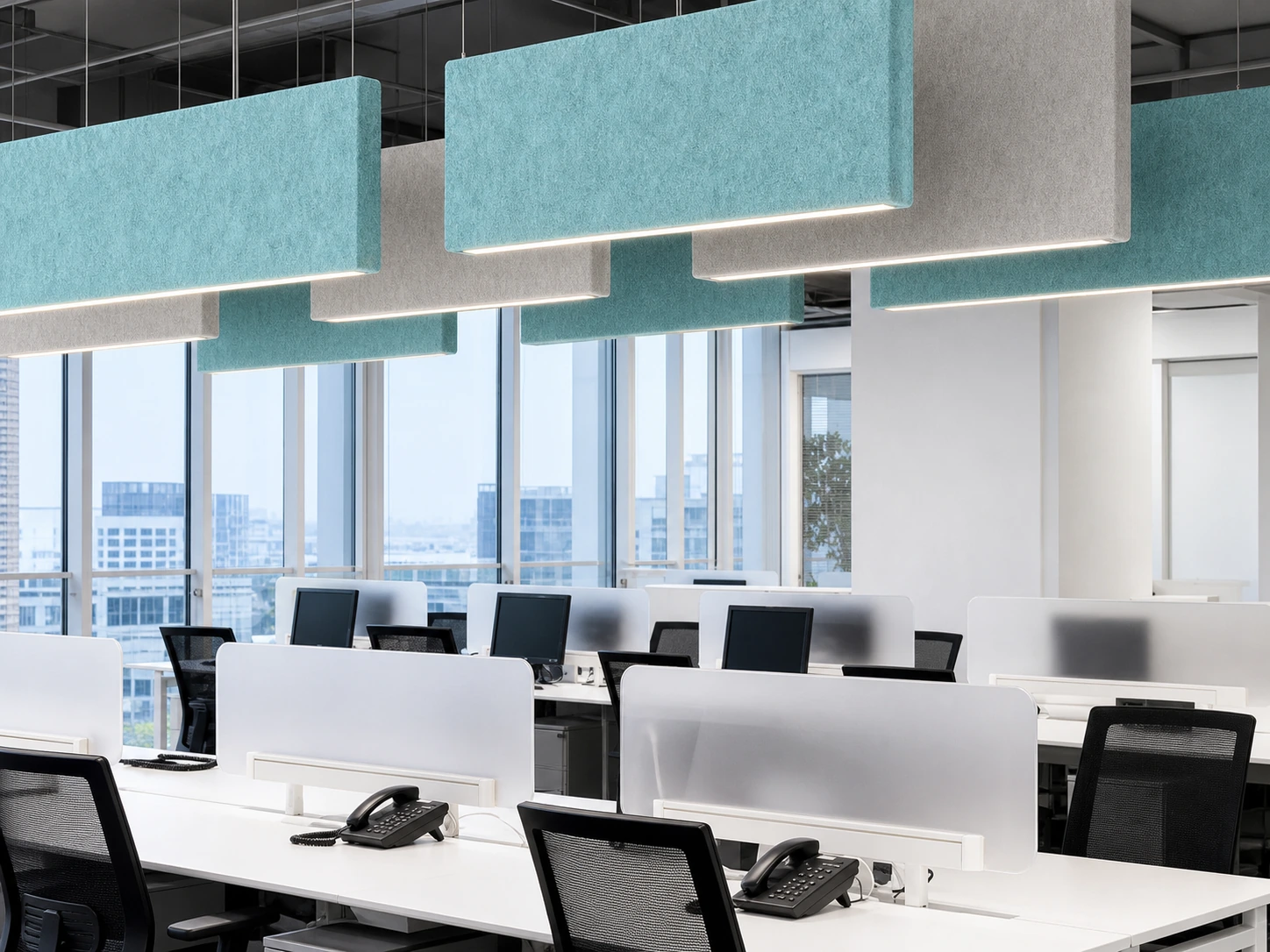 PET Felt acoustic baffle lighting installed above open office workstations