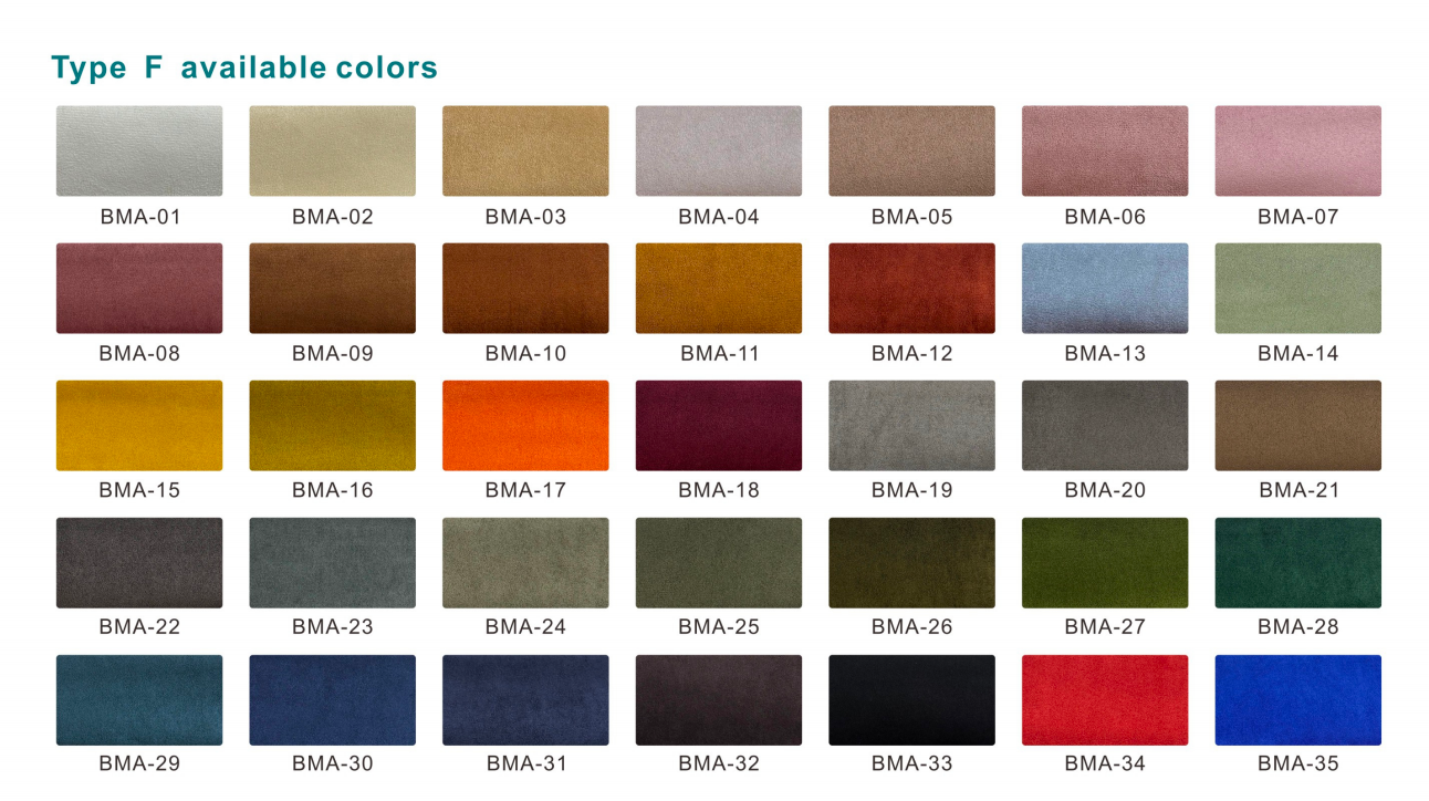 Type F available velvet fabric colors with matching color codes