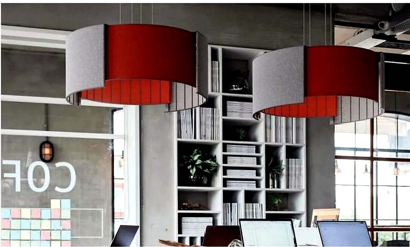KO-XYM-0137 acoustic pendant lights installed in an office workspace