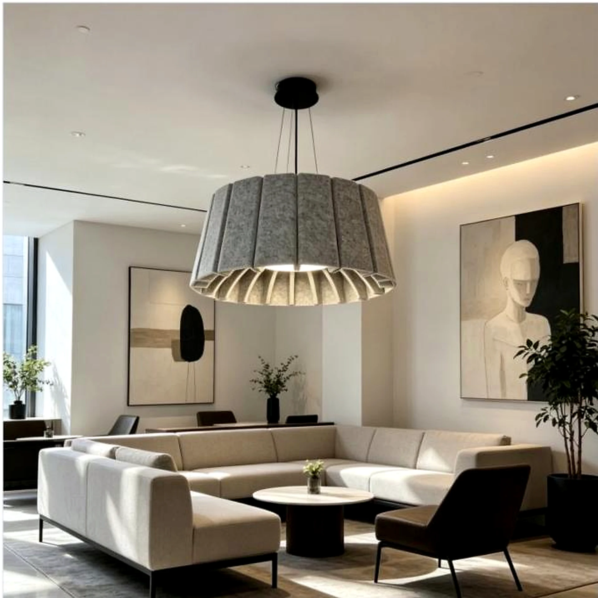 Large grey sculptural PET felt pendant light with deep vertical folds in a lounge