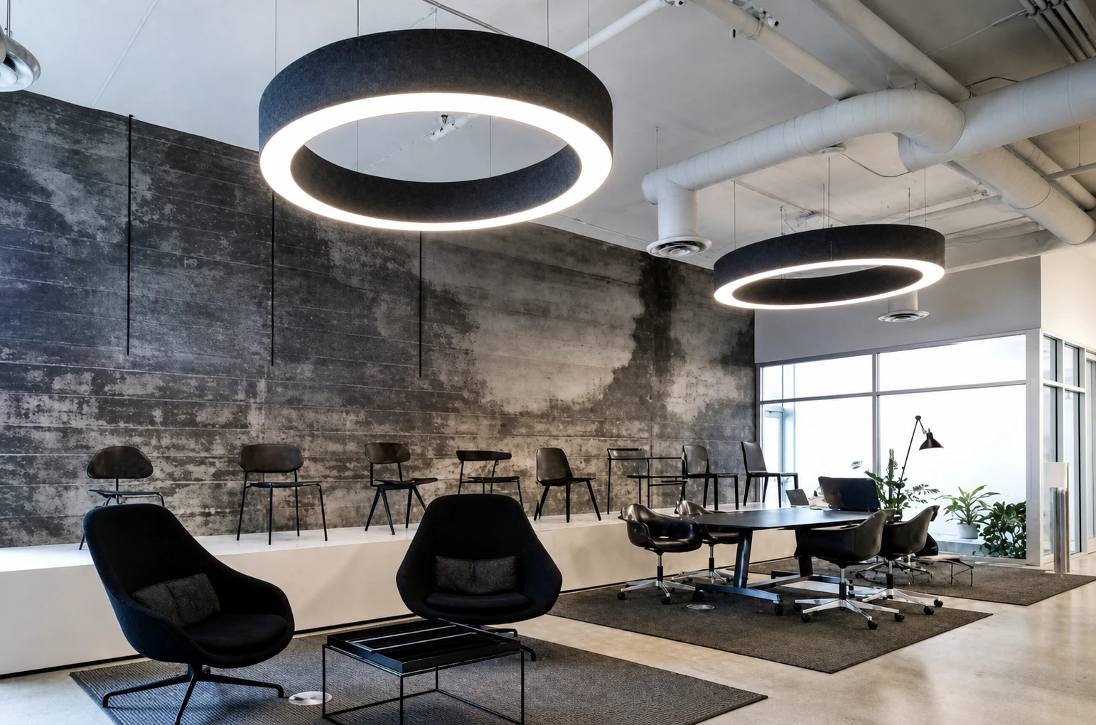 Black PET felt acoustic ring lights installed in a commercial office